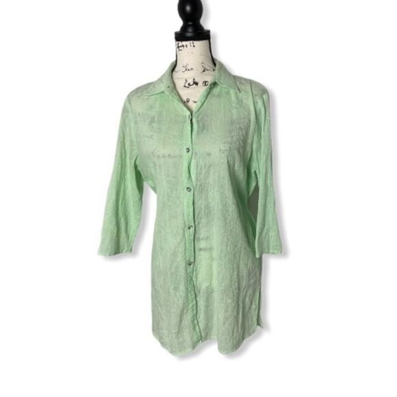 Susan Graver M Mint Green Long Button Down Shirt Tunic Top Shimmer Tie Back - Picture 1 of 4